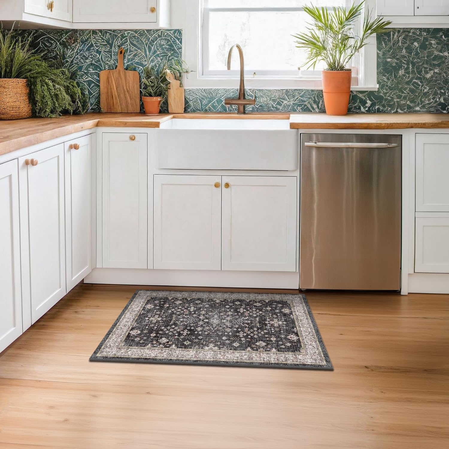 Black Washable Entry Rug, 2x3 Small Rugs for Entryway Kitchen Bathroom Door Mat Indoor Entrance, Non Slip Rubber Backing, Stain & Fade Resistant, Ashen Charcoal Floral Decor - Image 3