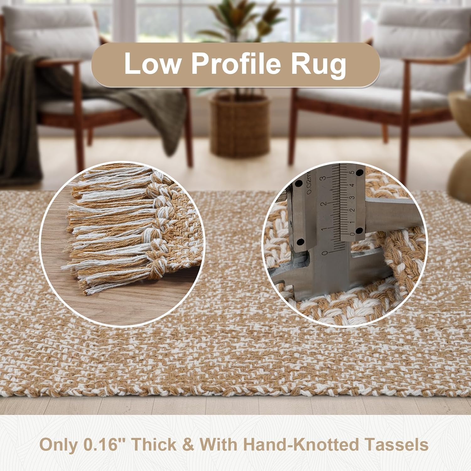 Collive Small Bathroom Rug, 2' x 3' Hand-Woven Low Profile Front Entryway Rug, Tan Cotton Reversible Washable Kitchen Mat Modern Farmhouse Carpet for Foyer Bedroom Back Door Decor - Image 3