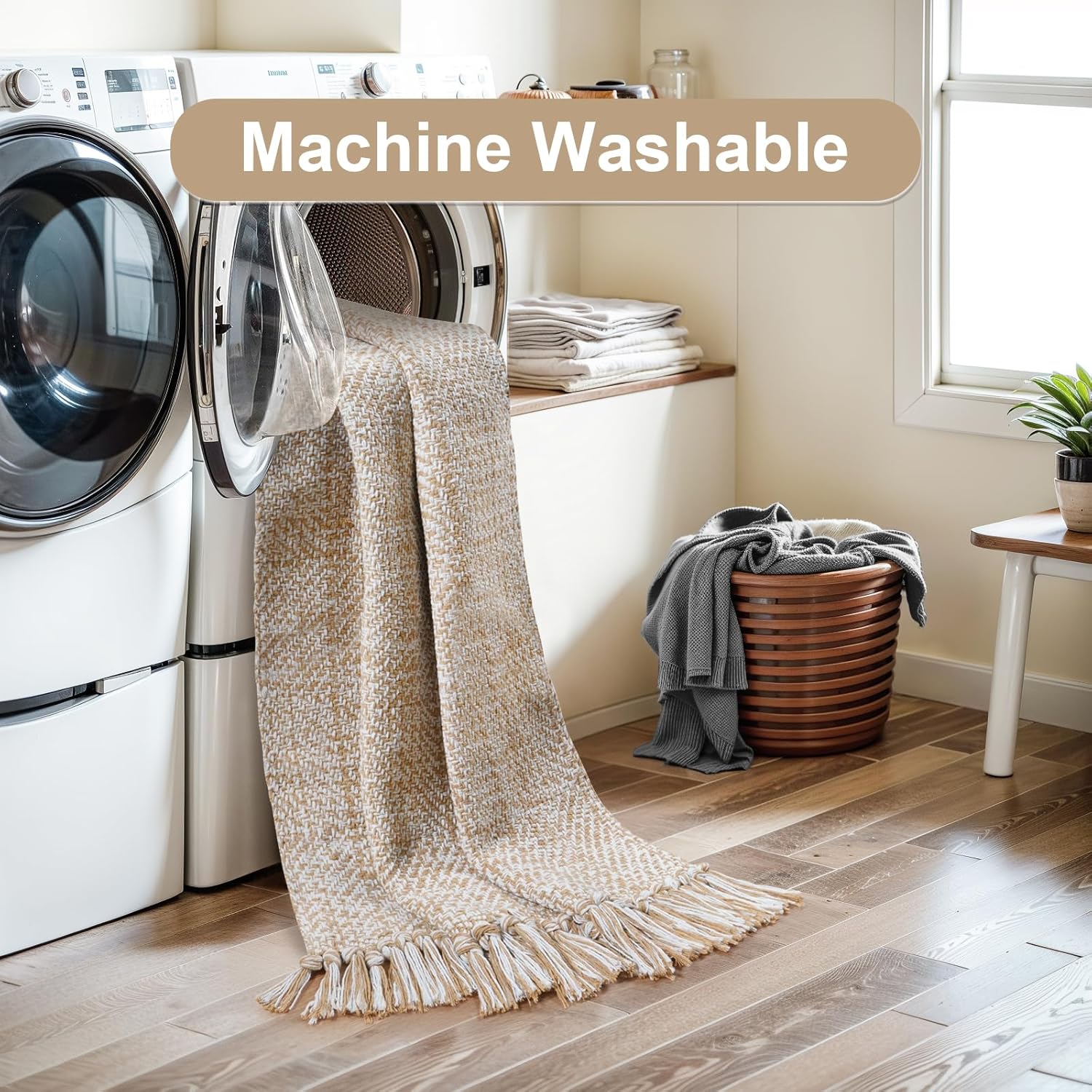 Collive Small Bathroom Rug, 2' x 3' Hand-Woven Low Profile Front Entryway Rug, Tan Cotton Reversible Washable Kitchen Mat Modern Farmhouse Carpet for Foyer Bedroom Back Door Decor - Image 5