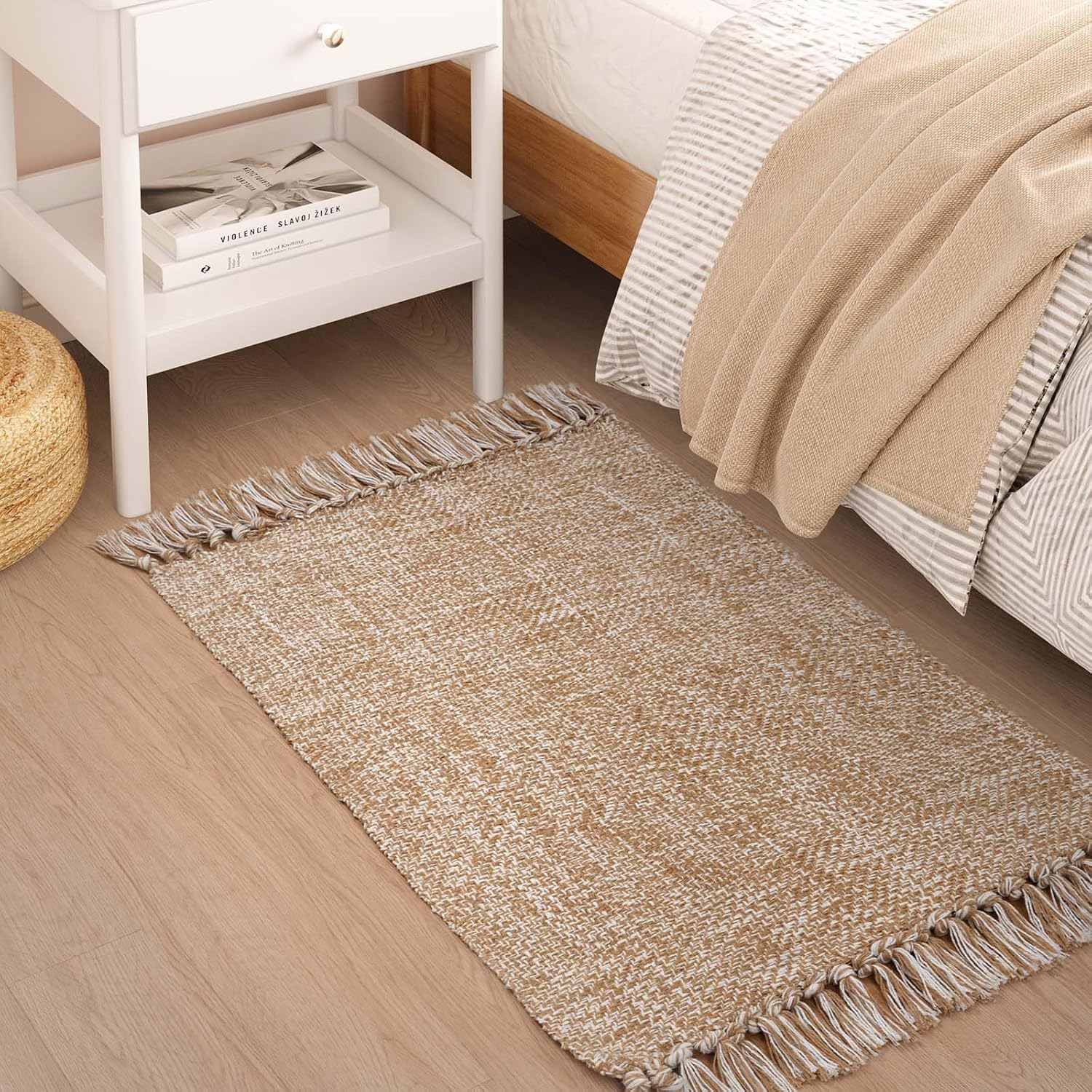 Collive Small Bathroom Rug, 2' x 3' Hand-Woven Low Profile Front Entryway Rug, Tan Cotton Reversible Washable Kitchen Mat Modern Farmhouse Carpet for Foyer Bedroom Back Door Decor - Image 6