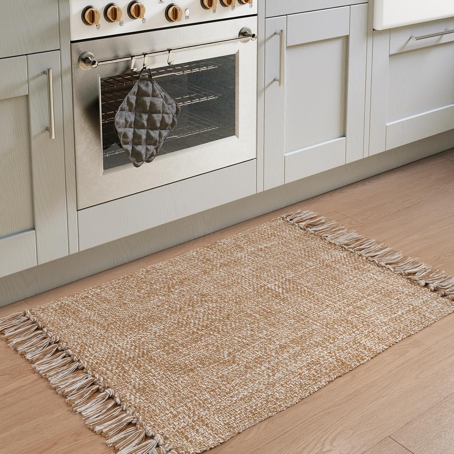Collive Small Bathroom Rug, 2' x 3' Hand-Woven Low Profile Front Entryway Rug, Tan Cotton Reversible Washable Kitchen Mat Modern Farmhouse Carpet for Foyer Bedroom Back Door Decor - Image 7