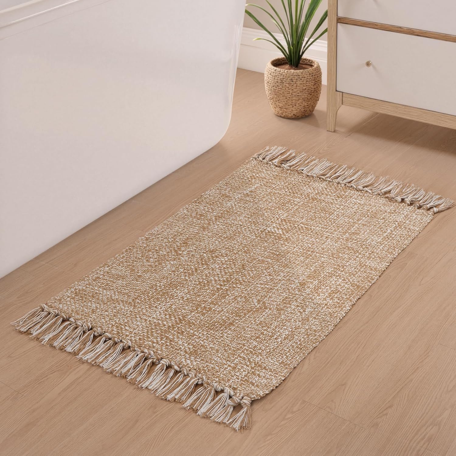 Collive Small Bathroom Rug, 2' x 3' Hand-Woven Low Profile Front Entryway Rug, Tan Cotton Reversible Washable Kitchen Mat Modern Farmhouse Carpet for Foyer Bedroom Back Door Decor - Image 8