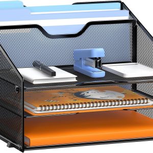 Letter Tray Organizer, Mesh Desk File Organizer with 3 Paper Trays and 2 Vertical Upright Section, Blank